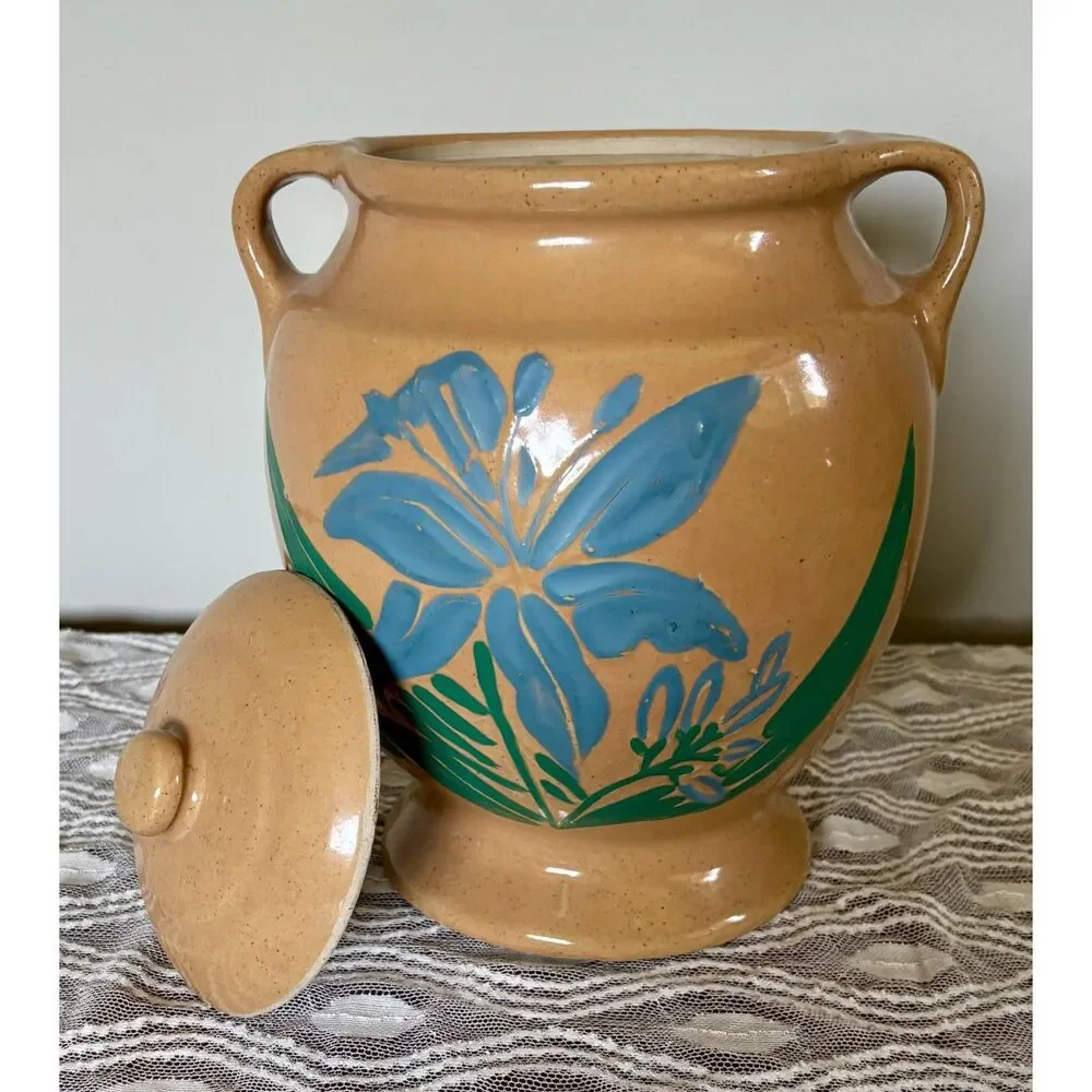 Vintage McCoy Cookie Jar Blue Floral Stoneware Farmhouse Pottery w Lid USA
